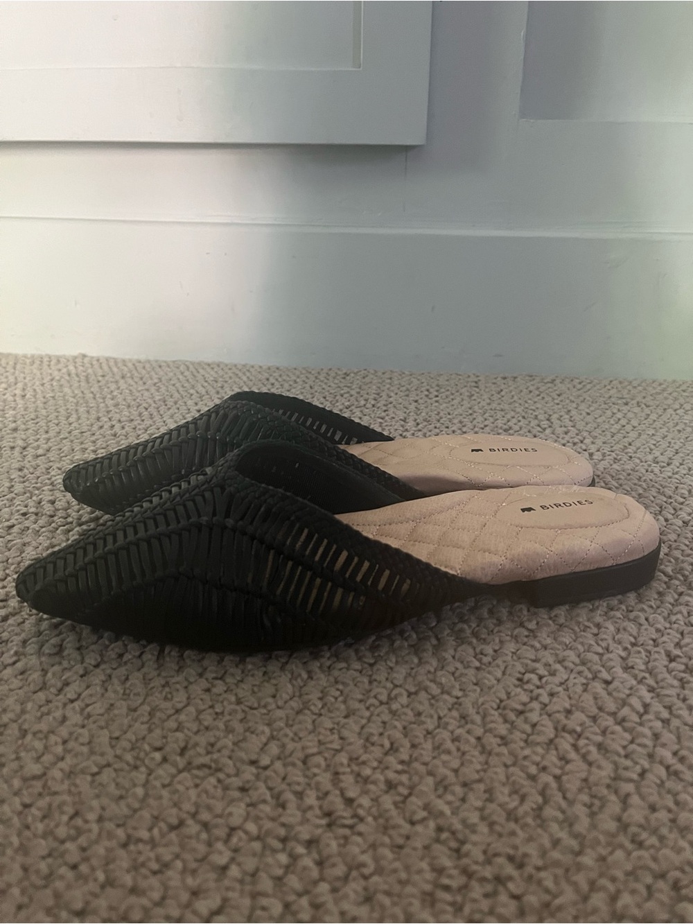 Birdies Black Woven Pointed-Toe Slide Mules
